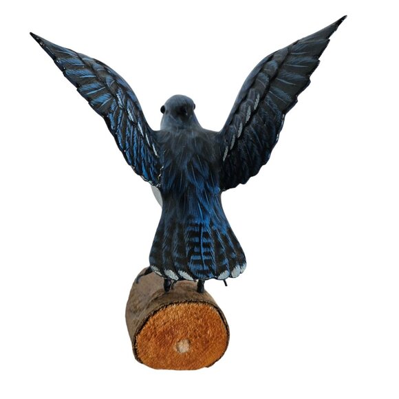 Handcrafted Blue Jay Bird Figurine On Wooden Base - Picture 4 of 12
